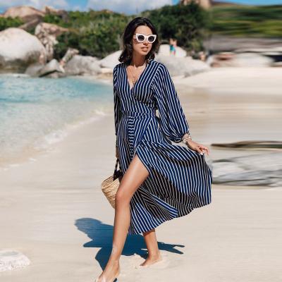 China Plus Size 2021 Maxi Beach Dress Slit Slit Cardigan Beach Wear Fronts Neck Striped Beach Dress For Women Summer for sale