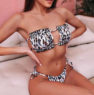 China Mujer de Moco 2021Women Ruffle Bandeau Breathable Cheeky Swimwear Micro Bikini Set Brazilian High Tie Strap Swimwear for sale