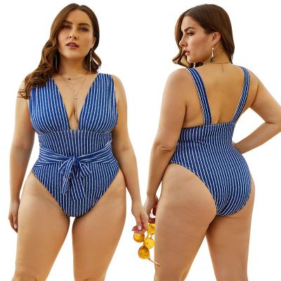 China Removable Padded 2021 Hot Selling Good Quality Women's Stripe Plus Size High Waisted Halter Monokini One Piece Swimsuits for sale