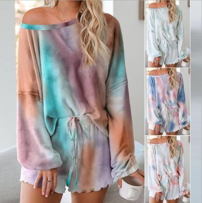 China 2021 Women QUICK DRY Tie Dye Printed Ruffle Short Lounge Set Long Sleeve Tops Off Shoulder Shorts 2 Piece Pajamas Set Sleepwear for sale