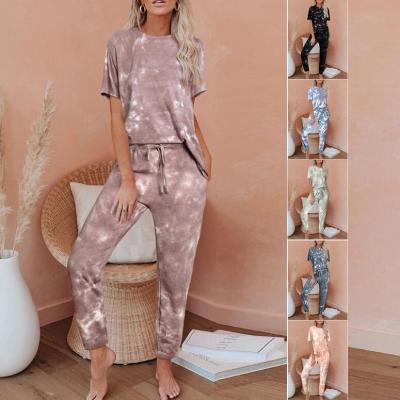 China Breathable Women Tie Dye Printed Tops And Long Pants Pajamas PJ Set Sets Nightgowns Loungewear 2021 for sale