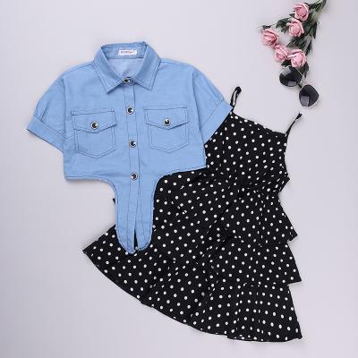 China Autumn Toddler Kids Clothes Baby Girls Washable Denim Jacket Short Sleeve Tops Polka Dot Slip Layered Dress Set Winter Outfits for sale