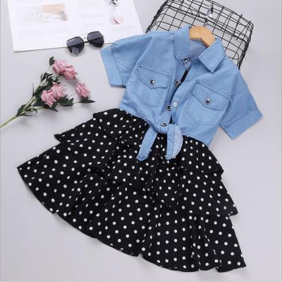 China 2021 Toddler Baby Kids Washable Casual Polka Dot Slip Layered Dress Set Denim Jacket Outfits Dress For Girls Stylish Lady for sale