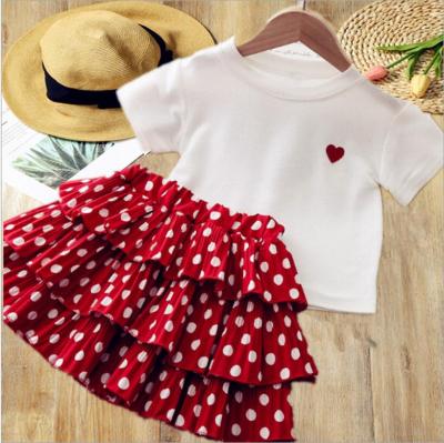 China Summer Washable Girls Dress Heart Kids Clothing Short Sleeve T-shirt Polka Dot Dresses Set For Baby 2021 for sale