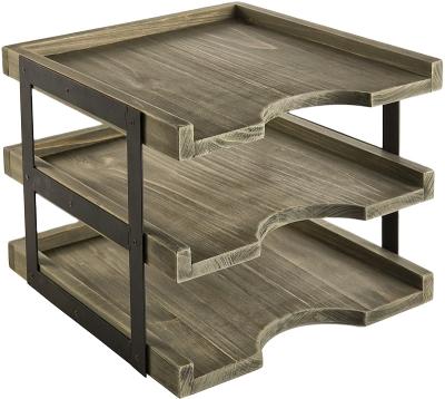 China Eco-Freindly& Recyclable Rustic 3-Tier Brown Wood and Black Metal File Tray for sale