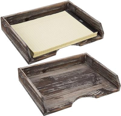 China Eco-Freindly& Recyclable Distressed Burnt Stackable Wooden Office Document Trays, Set of 2 for sale