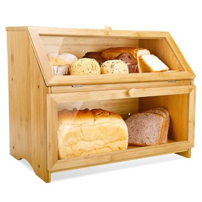 China Large Sustainable Double Layer Bread Box For Kitchen Countertop Large Capacity Wooden Bread Storage Bin for sale