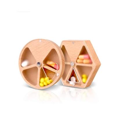 China Viable Round Wooden Pill Box Organizer Medicine Case 45 Compartments Storage Container For Home Or Travel for sale