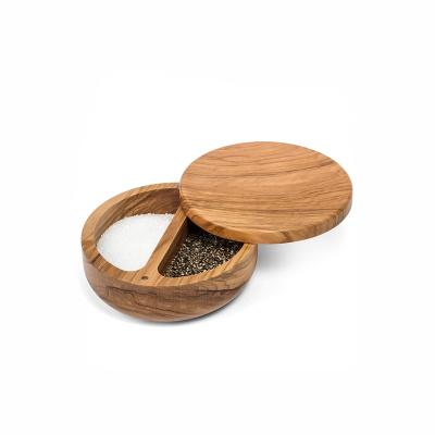 China Recycled Materials Wholesale Round Custom Olive Spice Box Wooden Salt Box With Slide Lid for sale