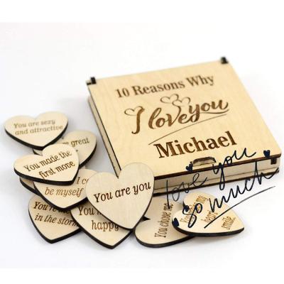 China Handmade personalized wooden gift box with 10 hearts engraved wooden reason why I love you for sale