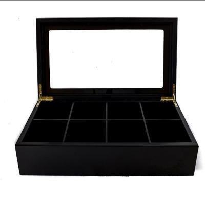 China China Luxury Black Color Wooden Tea Storage Chest Box With Stained Glass for sale