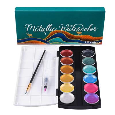 China Art Painting 12 Metallic Water Color Paint Glitter Watercolor Paint Set for Adults and Children Water Based Paint for sale