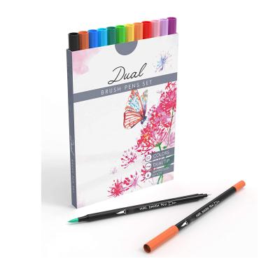 China Paint 12 Color Double Tip Double Tip Brush Pens Flexible Art Brush Pen Double Tip Brush Pens For Adult Coloring Books for sale