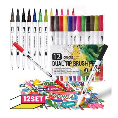 China Double Tip Brush Pen 12 Colors Double Tip Brush Paint Marker Pens For Adult Kids Calligraphy Drawing for sale