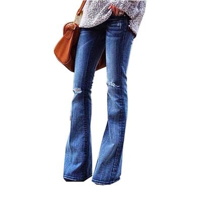 China Viable Women's Rocket Bell Bottom Ripped Jeans Pants Retro Wide Leg Denim Pants for sale