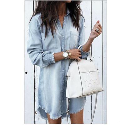 China Viable Fashion Casual Mini Dress Lapel Shirt Dress Fringed Women Long Sheath Loose Denim Shirt Dress for sale