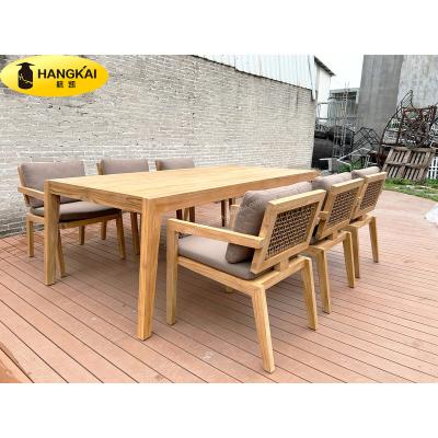 China Modern Garden Sets Luxury Modern Style Wood Patio Dining Chair Rope Waved Teak Furniture Wood Dining Table Set for sale