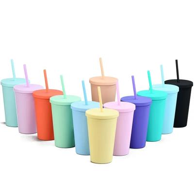 China 16oz 24oz Lean Plastic Straw With Lid And Tumbler Travel Mug Contemporary Custom Plastic Reusable Matte Pink Black Coffee Cup Double Wall for sale