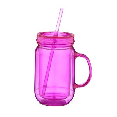 China 20oz Contemporary Mason Jar Mug With Handle Plastic Clear Wall Tumbler With Straw And Straw Cups With Lids Double for sale