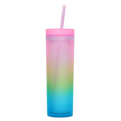 China New Contemporary Gradient Rainbow Color Water Cup 16oz Double Layer Cup Color Plastic Straw Cup Manufacturer Direct Supply for sale