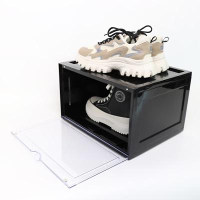 China Viable Hot Selling Regular Logo Black Sneakers Plastic Black Shoe Box Shoe Stacking Custom Storage Boxes for sale