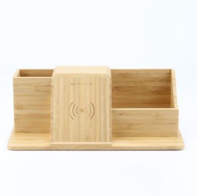 China Hot Selling 3in Qi 1 Wireless Charger Organizer Bamboo Wireless Charger Mobile Phone with Pen Box Stand for sale