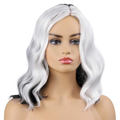 China Short Half Heat Resistant Synthetic Black Hair Halloween Party Women Cosplay Wig Curly White Hair Wig for sale