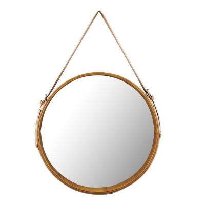 China Farmhouse Custom Hanging Wall Circle frame Mirror Decor Geometric Wall Mirror with adjustable real leather Chain for  bathroom living room for sale