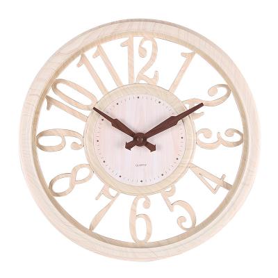 China Antique Style Nordic modern wood grain hollow out Plastic round Silent Non Ticking sweep movement Quartz Battery wall clock for living room for sale