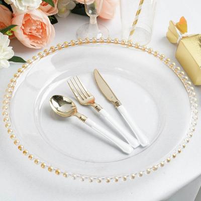 China Disposable Wedding 13in Decorative Round Acrylic Clear plastic Charger plate with gold beads for event Dinner Plate for sale