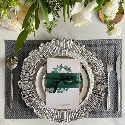 China Disposable 13In Plastic Round Ruffled Rim Dinner Silver Charger Plates with Flora Reef Design for Dinner Wedding Party Decoration for sale