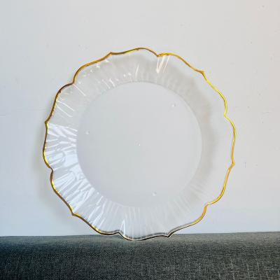 China Disposable wholesale Event Wedding Decoration Dinner 13in Round Clear Transparent Gold Silver Pvc Plastic Scallop Floral Sage charger plate for sale