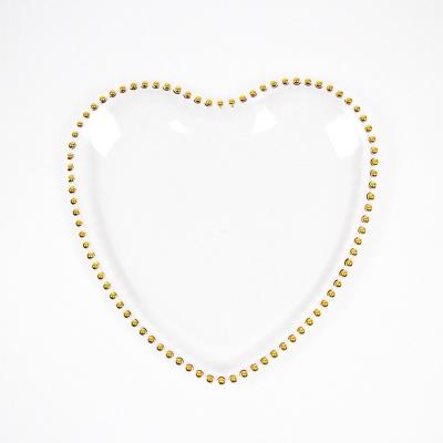 China Disposable Wedding 13in Heart shaped Acrylic Clear plastic Charger plate with gold beads for event Dinner Plate for sale