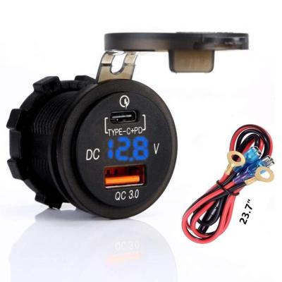 China Quick Charger 3.0 Socket + Type C Output w/Blue led Voltmeter for Car, Marine, Boat for sale