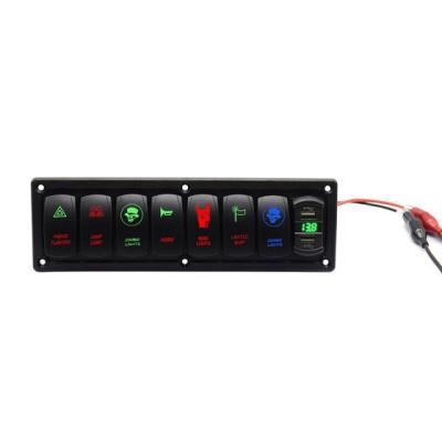 China Plastic 7 Gang LED Rocker Switch Panel with 4.2A Dual USB Socket with Volt display Pre-Wired for Auto Car marine Truck for sale