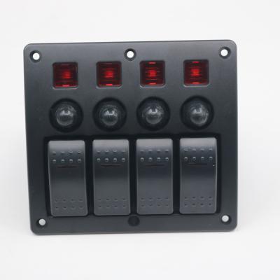 China Auto car marine 12V 4 gang Red LED on-off rocker Switch Panel with circuit breaker fuse for sale