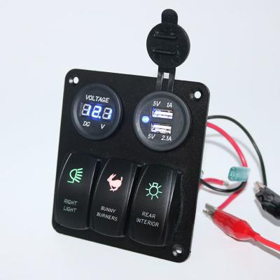 China Custom made Auto car marine 3 Gang Rocker Switch Panel with voltmeter and USB socket charger for sale