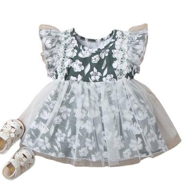 China Wholesale Floral Print Breathable Princess Washable Summer Newborn Sleeve Tulle Dress For Kids Girl for sale