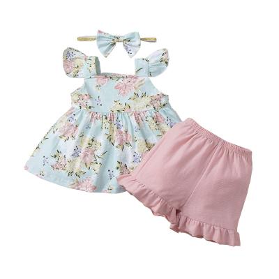 China Anti-wrinkle kids clothing girl summer dress shorts set boutique clothing pajamas girl set with headband for sale