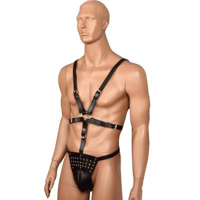 China Sexy Male Bondage SM Bondage Chastity Trousers Bondage Fun Sex Products Adult Dildo Pants Limit Strap On PU Leather Clothes Sex Toys For Men for sale