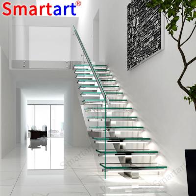 China Modern Smartart 2022 Modern Mono Glass Stringer Stairs Build Floating Staircase for sale