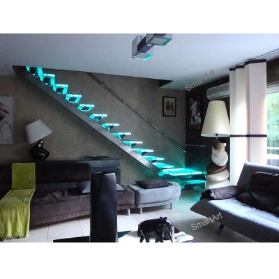 China Smartart 2022 Modern Indoor Space Stairs Stainless Steel Wood Contemporary Small Or Glass Straight Staircase for sale