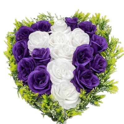 China TX0010-1 Cheap Cross Purple Rose Flowers Heart Shape Artificial White Funeral Wreath Eco - Friendly For Grave for sale