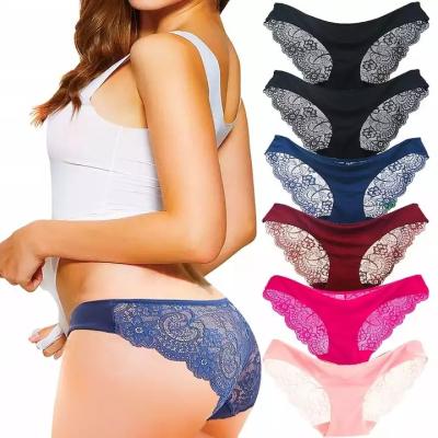 China XuanLing breathable women's sexy solid color panties lace up low waist underwear sheer bottom cotton thong transparent panties for sale