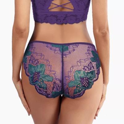 China XuanLing Breathable Mesh Panties Women Knit Embroidery Low Waist Sexy Lingerie Briefs Charming Transparent Underwear for sale