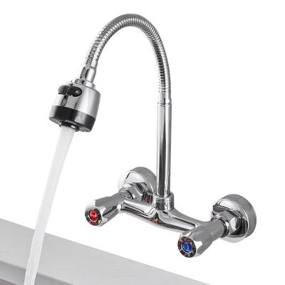 China Metered Faucets Dual Tap Holes Chrome Two Handle Kitchen Mixer Taps Wall Mounted Knurled Lavatory Faucets Cold And Hot Water for sale