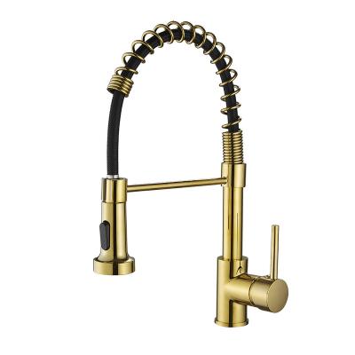 China Knurled Kitchen Faucet Single Handle Single Hole Pull Out Rotating Kitchen Mixer Tap Varied Black Gold for sale