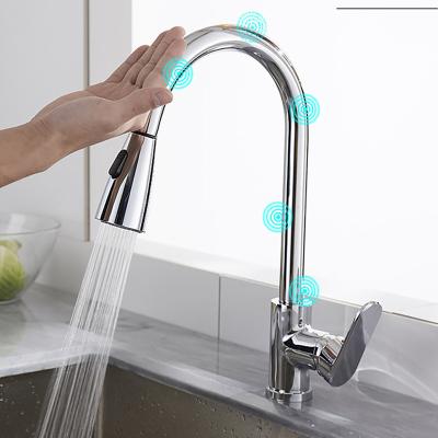 China Pull Out Kitchen Faucet Modern Rotary Touch Smart Spray Brass Sink Pull Touch Feeling Faucet for sale