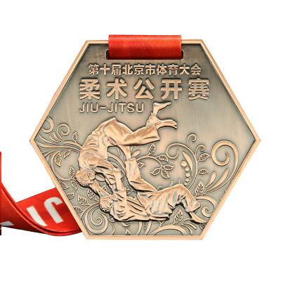 China Global Factory Cheap Custom Enamel 3D Hexagon Shape Sports Jiu-Jitsu Medal With Ribbon for sale