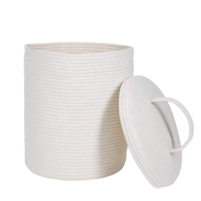 China Super Soft Large Cotton Rope Woven Baskets For Nursery White Round Laundry Basket With Lid Handles for sale